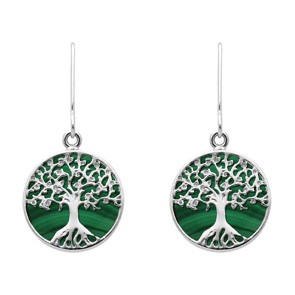 Sterling Silver Malachite Round Tree of Life Drop Earrings, E2429.