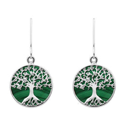 Sterling Silver Malachite Round Tree of Life Drop Earrings, E2429.