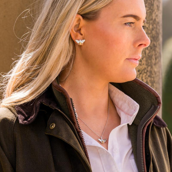 Sterling Silver Swarovski Crystal Yellow Enamel House Style Bee Stud Earrings. E2285.