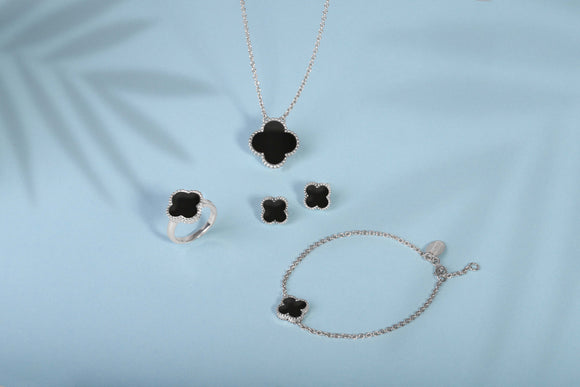 Sterling Silver Whitby Jet Bloom Four Leaf Clover Ball Edge Stud Earrings