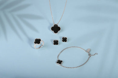 Sterling Silver Whitby Jet Bloom Four Leaf Clover Ball Edge Stud Earrings