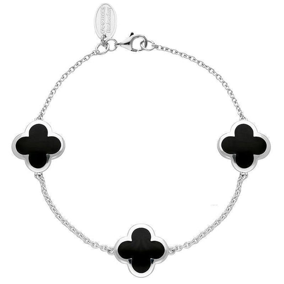 Sterling Silver Whitby Jet Bloom Four Leaf Clover Chain Bracelet, B1196