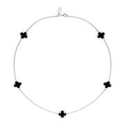 Sterling Silver Whitby Jet Bloom Four Leaf Clover Long Necklace, N1128.