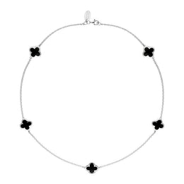 Sterling Silver Whitby Jet Bloom Four Leaf Clover Long Necklace, N1128.