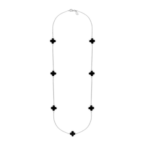 Sterling Silver Whitby Jet Bloom Four Leaf Clover Long Necklace, N1129.