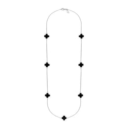 Sterling Silver Whitby Jet Bloom Four Leaf Clover Long Necklace, N1129.
