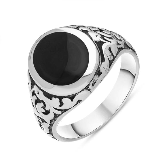 Sterling Silver Whitby Jet Carved Shoulder Oval Signet Ring. R100