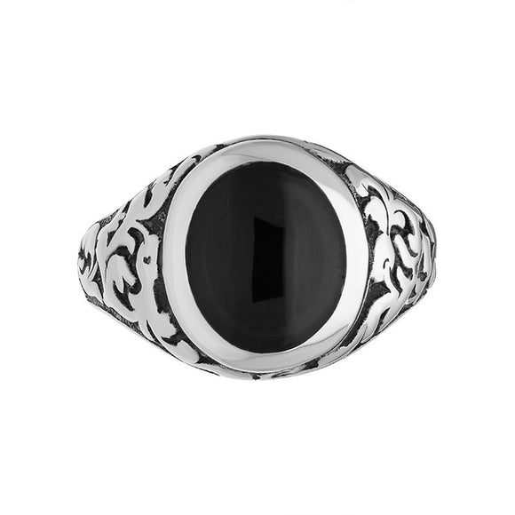 Sterling Silver Whitby Jet Carved Shoulder Oval Signet Ring. R100_2