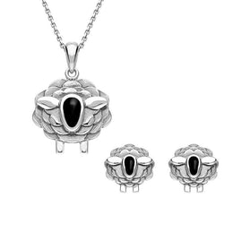 Sterling Silver Whitby Jet Sheep Two Piece Set, S205