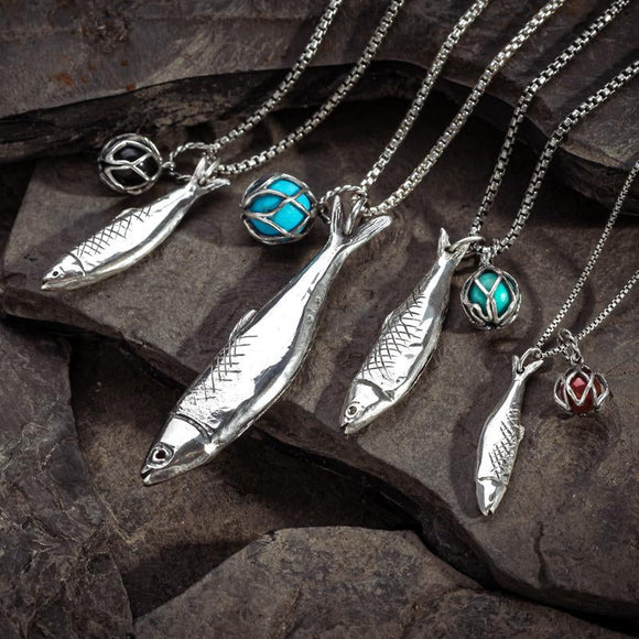 Sterling Silver Whitby Jet Emma Stothard Silver Darling Large Fish Charm, G968.