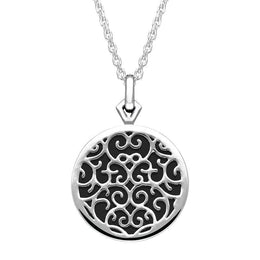 Sterling Silver Whitby Jet Flore Filigree Necklace. P2339C.