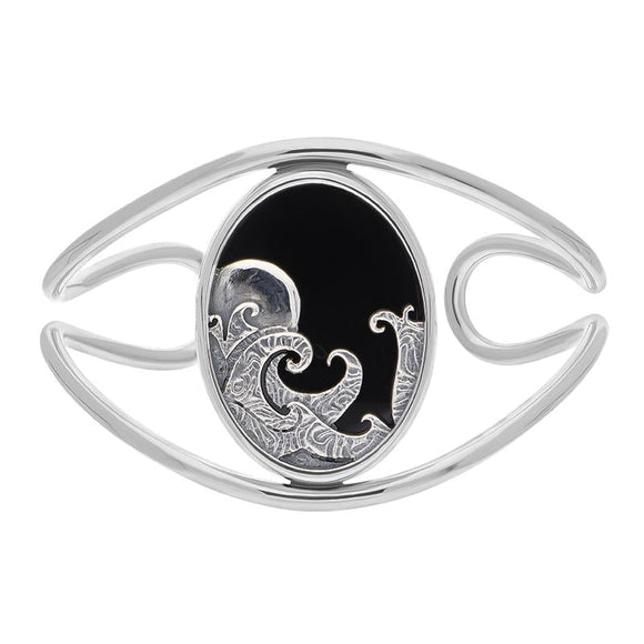 Sterling Silver Whitby Jet Gothic Moon and Wave Cuff Bangle, B1243