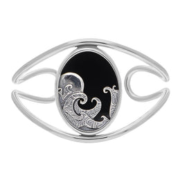 Sterling Silver Whitby Jet Gothic Moon and Wave Cuff Bangle, B1243