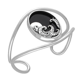 Sterling Silver Whitby Jet Gothic Moon and Wave Cuff Bangle, B1243