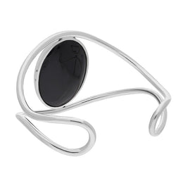 Sterling Silver Whitby Jet Gothic Moon and Wave Cuff Bangle, B1243