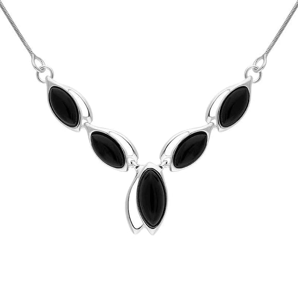 Sterling Silver Whitby Jet Graduated Marquise Five Stone Necklace, N976