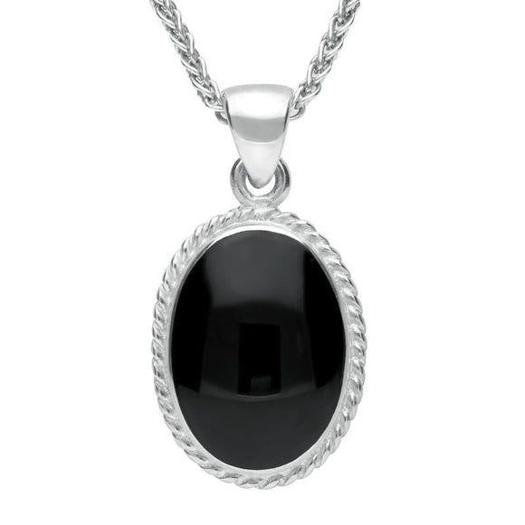 Sterling Silver Whitby Jet Heritage Rope Edge Medium Oval Pendant, P004