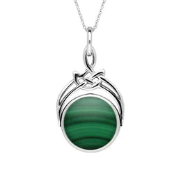 Sterling Silver Whitby Jet Malachite Cradle Round Swivel Fob Necklace, P258_12.