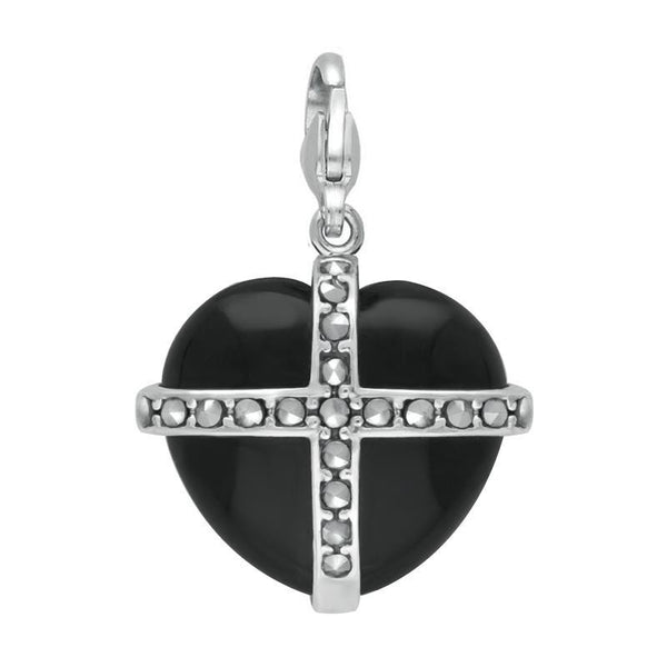 Sterling Silver Whitby Jet One Marcasite Large Cross Heart Charm, G785.