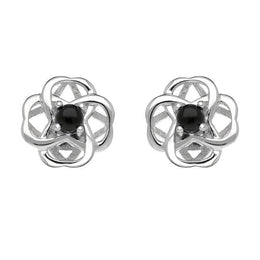 00185627  Sterling Silver Whitby Jet Open Round Flower Two Piece Set, S073.