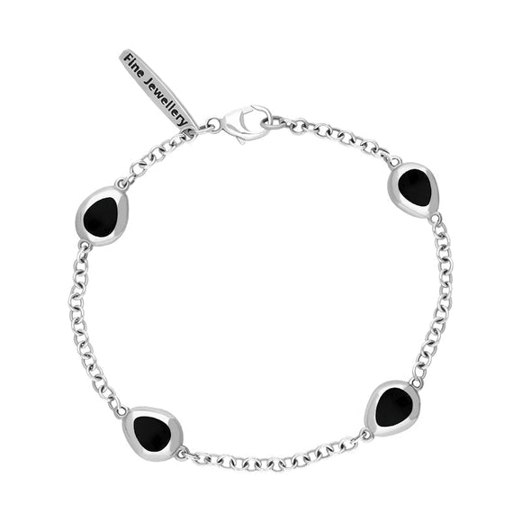 Sterling Silver Whitby Jet Oval Cross Detail Four Stone Bracelet, B799