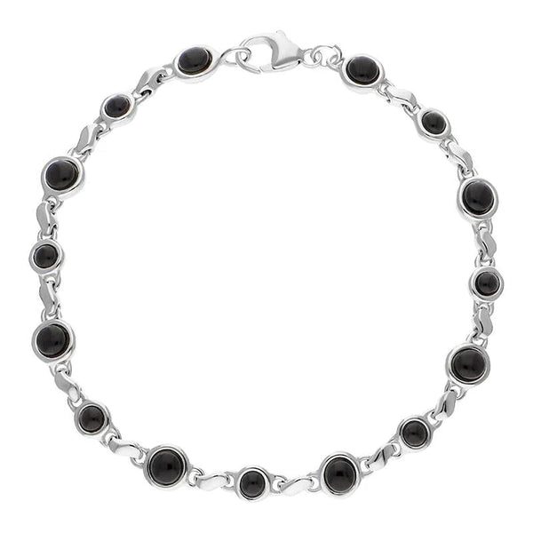 Sterling Silver Whitby Jet Round Bead Link Bracelet, B884.
