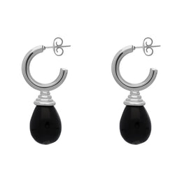 Sterling Silver Whitby Jet Tear Drop Hoop Earrings