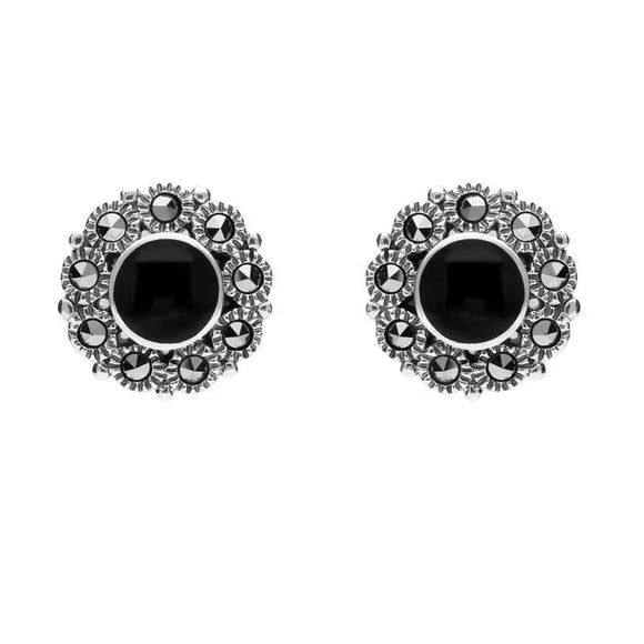 Sterling Silver Whitby Jet Marcasite Round Bead Edge Two Piece Set, S153