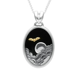 Sterling Silver 9ct Yellow Gold Whitby Jet Oval Moon Bat Necklace. P1777C