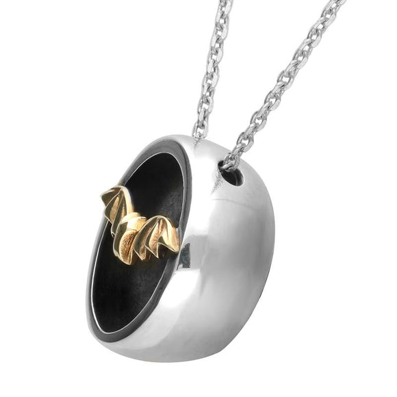 Sterling Silver 9ct Yellow Gold Whitby Jet Round Gothic Bat Necklace. P1776C.