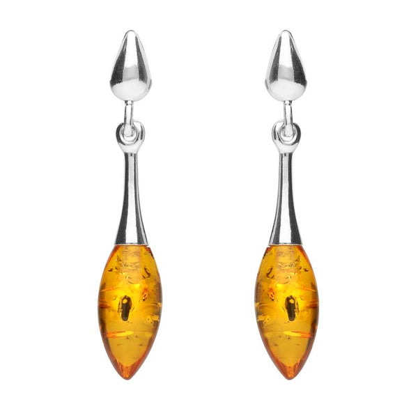 Sterling Silver Amber Long Slim Marquise Drop Stud Earrings. E2343.