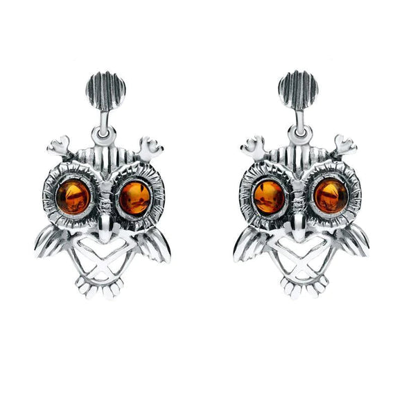 Sterling Silver Amber Orange Owl Stud Earrings E2329