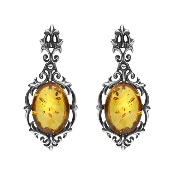 Sterling Silver Amber Oval Drop Earrings. E1570.