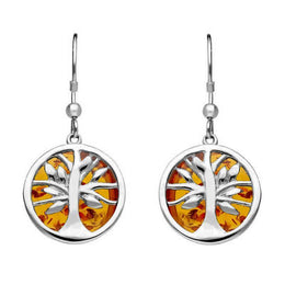 Sterling Silver Amber Round Tree Drop Earrings E2485