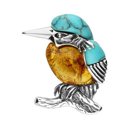 Sterling Silver Amber Turquoise Kingfisher Brooch M354