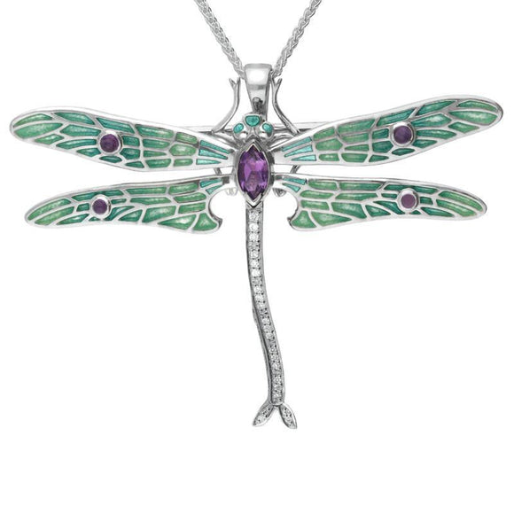 Sterling Silver Amethyst Diamonds House Style Dragonfly Brooch Necklace M317