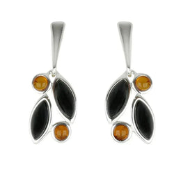 Sterling Silver Baltic Amber Whitby Jet Drop Earrings E1803