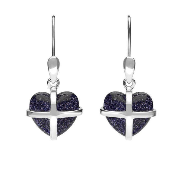 Sterling Silver Blue Goldstone Small Cross Heart Drop Earrings, E1287.