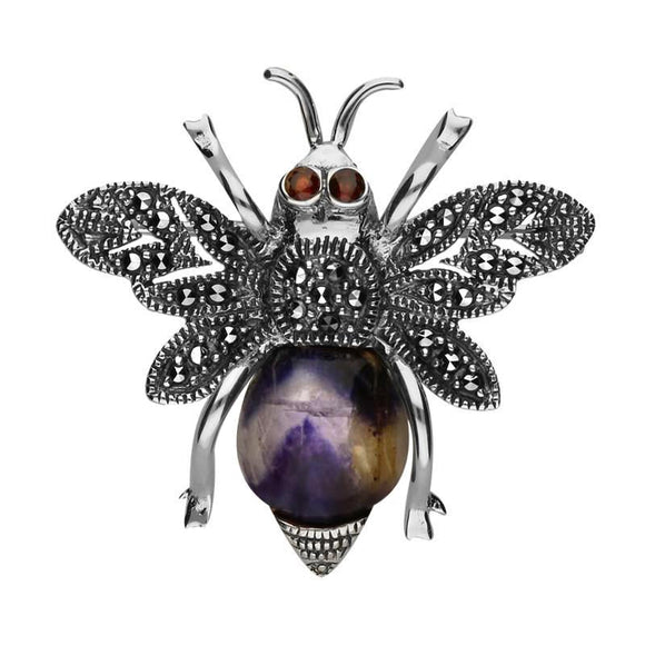 Sterling Silver Blue John Marcasite Garnet House Style Bee Brooch. M331.