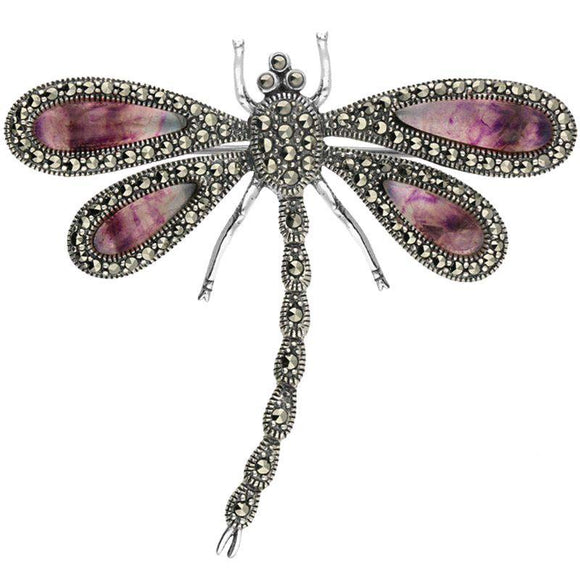 Sterling Silver Blue John Marcasite House Style Large Dragonfly Brooch. M322.