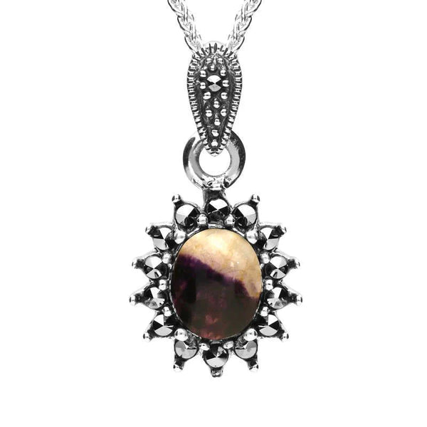 Sterling Silver Blue John Marcasite Oval Bead Edge Necklace P2134