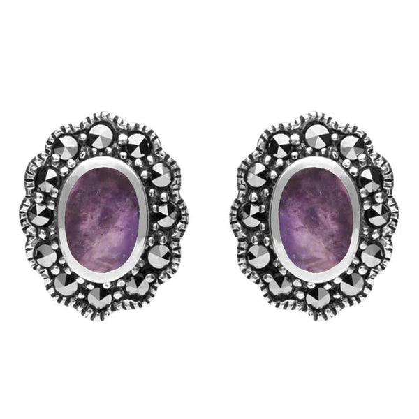 Sterling Silver Blue John Marcasite Oval Beaded Edge Stud Earrings