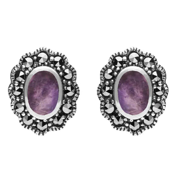 Sterling Silver Blue John Marcasite Oval Beaded Edge Stud Earrings