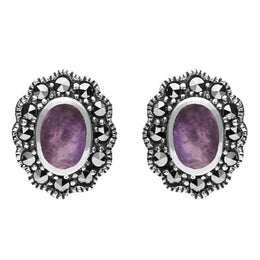 Sterling Silver Blue John Marcasite Oval Beaded Edge Stud Earrings