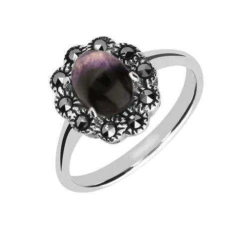 Sterling Silver Blue John Marcasite Oval Flower Ring, R822