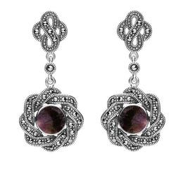 Sterling Silver Blue John Marcasite Overlap Ribbon Drop Earrings