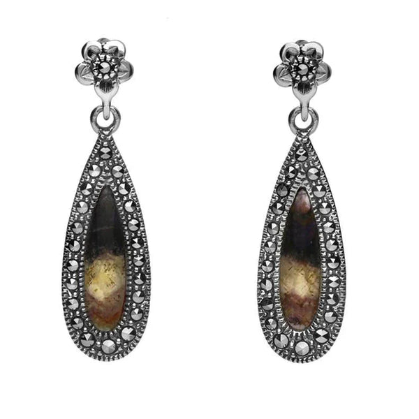 Sterling Silver Blue John Marcasite Pear Drop Stud Earrings. E2236.