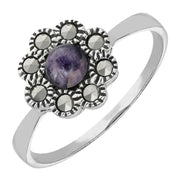 Sterling Silver Blue John Marcasite Round Beaded Edge Ring, R806.