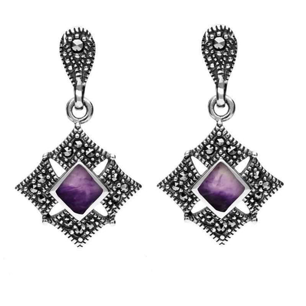 Sterling Silver Blue John Marcasite Square Drop Stud Earrings E1644