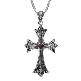 Sterling Silver Blue John Marcasite Three Point Cross Necklace, P2115.